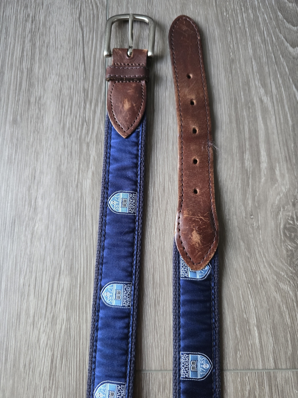 Belted Cow Co Episcopal Academy Ribbon Belt Navy Canvas Leather Brass Buckle 34